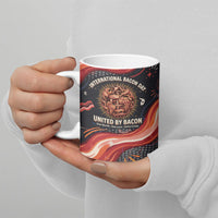 International Bacon Day United By Bacon Ceramic Mug Retro Bacon Globe and Cool Bacon Mascot Graphic