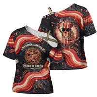 International Bacon Day United By Bacon Cross Shoulder Shirt Retro Bacon Globe and Cool Bacon Mascot Graphic