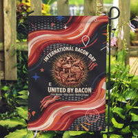 International Bacon Day United By Bacon Garden Flag Retro Bacon Globe and Cool Bacon Mascot Graphic
