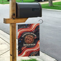 International Bacon Day United By Bacon Garden Flag Retro Bacon Globe and Cool Bacon Mascot Graphic