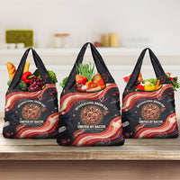 International Bacon Day United By Bacon Grocery Bag Retro Bacon Globe and Cool Bacon Mascot Graphic