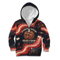 International Bacon Day United By Bacon Kid Hoodie Retro Bacon Globe and Cool Bacon Mascot Graphic