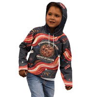 International Bacon Day United By Bacon Kid Hoodie Retro Bacon Globe and Cool Bacon Mascot Graphic