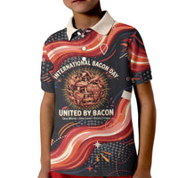 International Bacon Day United By Bacon Kid Polo Shirt Retro Bacon Globe and Cool Bacon Mascot Graphic