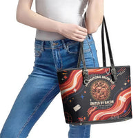 International Bacon Day United By Bacon Leather Tote Bag Retro Bacon Globe and Cool Bacon Mascot Graphic