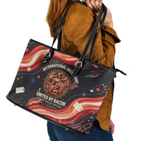 International Bacon Day United By Bacon Leather Tote Bag Retro Bacon Globe and Cool Bacon Mascot Graphic