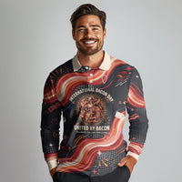 International Bacon Day United By Bacon Long Sleeve Polo Shirt Retro Bacon Globe and Cool Bacon Mascot Graphic