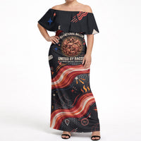 International Bacon Day United By Bacon Off Shoulder Maxi Dress Retro Bacon Globe and Cool Bacon Mascot Graphic