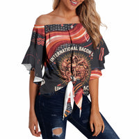 International Bacon Day United By Bacon Off Shoulder Wrap Waist Top Retro Bacon Globe and Cool Bacon Mascot Graphic