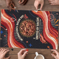 International Bacon Day United By Bacon Puzzle Retro Bacon Globe and Cool Bacon Mascot Graphic