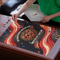 International Bacon Day United By Bacon Puzzle Retro Bacon Globe and Cool Bacon Mascot Graphic