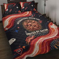 International Bacon Day United By Bacon Quilt Bed Set Retro Bacon Globe and Cool Bacon Mascot Graphic