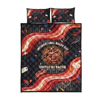 International Bacon Day United By Bacon Quilt Bed Set Retro Bacon Globe and Cool Bacon Mascot Graphic
