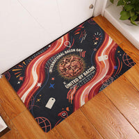 International Bacon Day United By Bacon Rubber Doormat Retro Bacon Globe and Cool Bacon Mascot Graphic