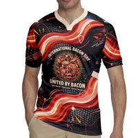 International Bacon Day United By Bacon Rugby Jersey Retro Bacon Globe and Cool Bacon Mascot Graphic