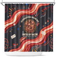 International Bacon Day United By Bacon Shower Curtain Retro Bacon Globe and Cool Bacon Mascot Graphic