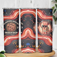 International Bacon Day United By Bacon Skinny Tumbler Retro Bacon Globe and Cool Bacon Mascot Graphic