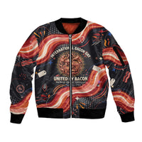 International Bacon Day United By Bacon Sleeve Zip Bomber Jacket Retro Bacon Globe and Cool Bacon Mascot Graphic