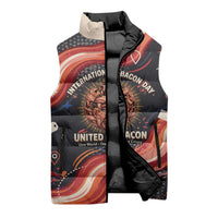 International Bacon Day United By Bacon Sleeveless Puffer Jacket Retro Bacon Globe and Cool Bacon Mascot Graphic