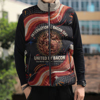 International Bacon Day United By Bacon Sleeveless Puffer Jacket Retro Bacon Globe and Cool Bacon Mascot Graphic