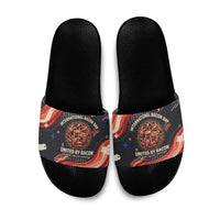 International Bacon Day United By Bacon Slide Sandals Retro Bacon Globe and Cool Bacon Mascot Graphic