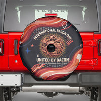 International Bacon Day United By Bacon Spare Tire Cover Retro Bacon Globe and Cool Bacon Mascot Graphic