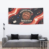 International Bacon Day United By Bacon Tapestry Retro Bacon Globe and Cool Bacon Mascot Graphic