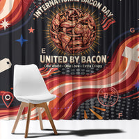 International Bacon Day United By Bacon Window Curtain Retro Bacon Globe and Cool Bacon Mascot Graphic