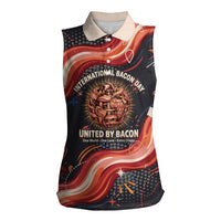 International Bacon Day United By Bacon Women Sleeveless Polo Shirt Retro Bacon Globe and Cool Bacon Mascot Graphic