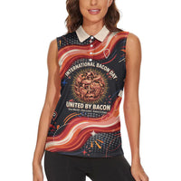 International Bacon Day United By Bacon Women Sleeveless Polo Shirt Retro Bacon Globe and Cool Bacon Mascot Graphic