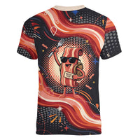 International Bacon Day United By Bacon Women V-Neck T-Shirt Retro Bacon Globe and Cool Bacon Mascot Graphic