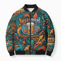 Beer Lovers Cheers To Good Times Bomber Puffer Jacket Urban Graffiti Pattern With Frothy Clinking Mugs Art