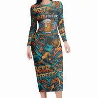 Beer Lovers Cheers To Good Times Long Sleeve Bodycon Dress Urban Graffiti Pattern With Frothy Clinking Mugs Art