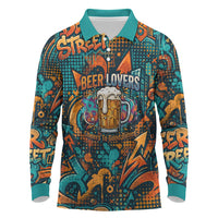 Beer Lovers Cheers To Good Times Long Sleeve Polo Shirt Urban Graffiti Pattern With Frothy Clinking Mugs Art