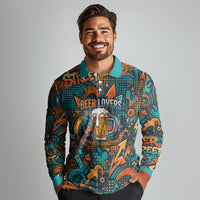 Beer Lovers Cheers To Good Times Long Sleeve Polo Shirt Urban Graffiti Pattern With Frothy Clinking Mugs Art
