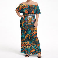 Beer Lovers Cheers To Good Times Off Shoulder Maxi Dress Urban Graffiti Pattern With Frothy Clinking Mugs Art