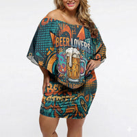 Beer Lovers Cheers To Good Times Off Shoulder Short Dress Urban Graffiti Pattern With Frothy Clinking Mugs Art