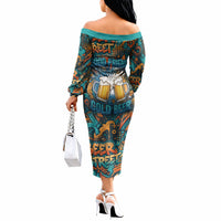 Beer Lovers Cheers To Good Times Off The Shoulder Long Sleeve Dress Urban Graffiti Pattern With Frothy Clinking Mugs Art