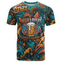 Beer Lovers Cheers To Good Times T Shirt Urban Graffiti Pattern With Frothy Clinking Mugs Art