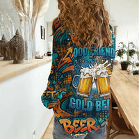 Beer Lovers Cheers To Good Times Women Casual Shirt Urban Graffiti Pattern With Frothy Clinking Mugs Art