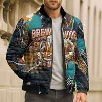 Beer Lovers United Brew Mode On Bomber Puffer Jacket Retro Comic Beer Characters Clinking Glasses