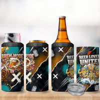 Beer Lovers United Brew Mode On 4 in 1 Can Cooler Tumbler Retro Comic Beer Characters Clinking Glasses