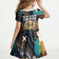 Beer Lovers United Brew Mode On Kid Short Sleeve Dress Retro Comic Beer Characters Clinking Glasses