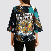 Beer Lovers United Brew Mode On Kimono Sleeve Blouse Retro Comic Beer Characters Clinking Glasses
