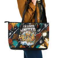 Beer Lovers United Brew Mode On Leather Tote Bag Retro Comic Beer Characters Clinking Glasses