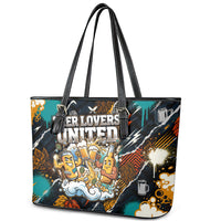 Beer Lovers United Brew Mode On Leather Tote Bag Retro Comic Beer Characters Clinking Glasses