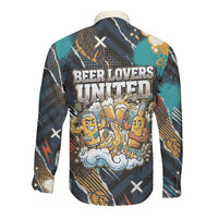 Beer Lovers United Brew Mode On Long Sleeve Button Shirt Retro Comic Beer Characters Clinking Glasses