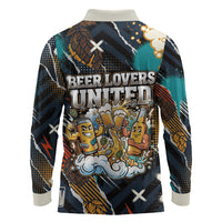 Beer Lovers United Brew Mode On Long Sleeve Polo Shirt Retro Comic Beer Characters Clinking Glasses