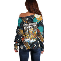 Beer Lovers United Brew Mode On Off Shoulder Sweater Retro Comic Beer Characters Clinking Glasses