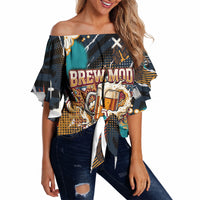 Beer Lovers United Brew Mode On Off Shoulder Wrap Waist Top Retro Comic Beer Characters Clinking Glasses